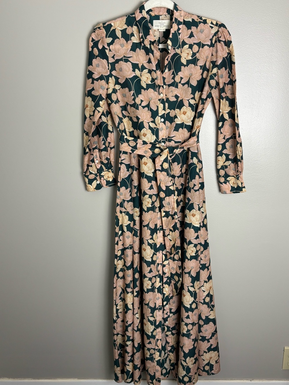 Trovata Birds of Paradis Jasper Twilight Green Floral Cotton Silk Maxi Dress XS